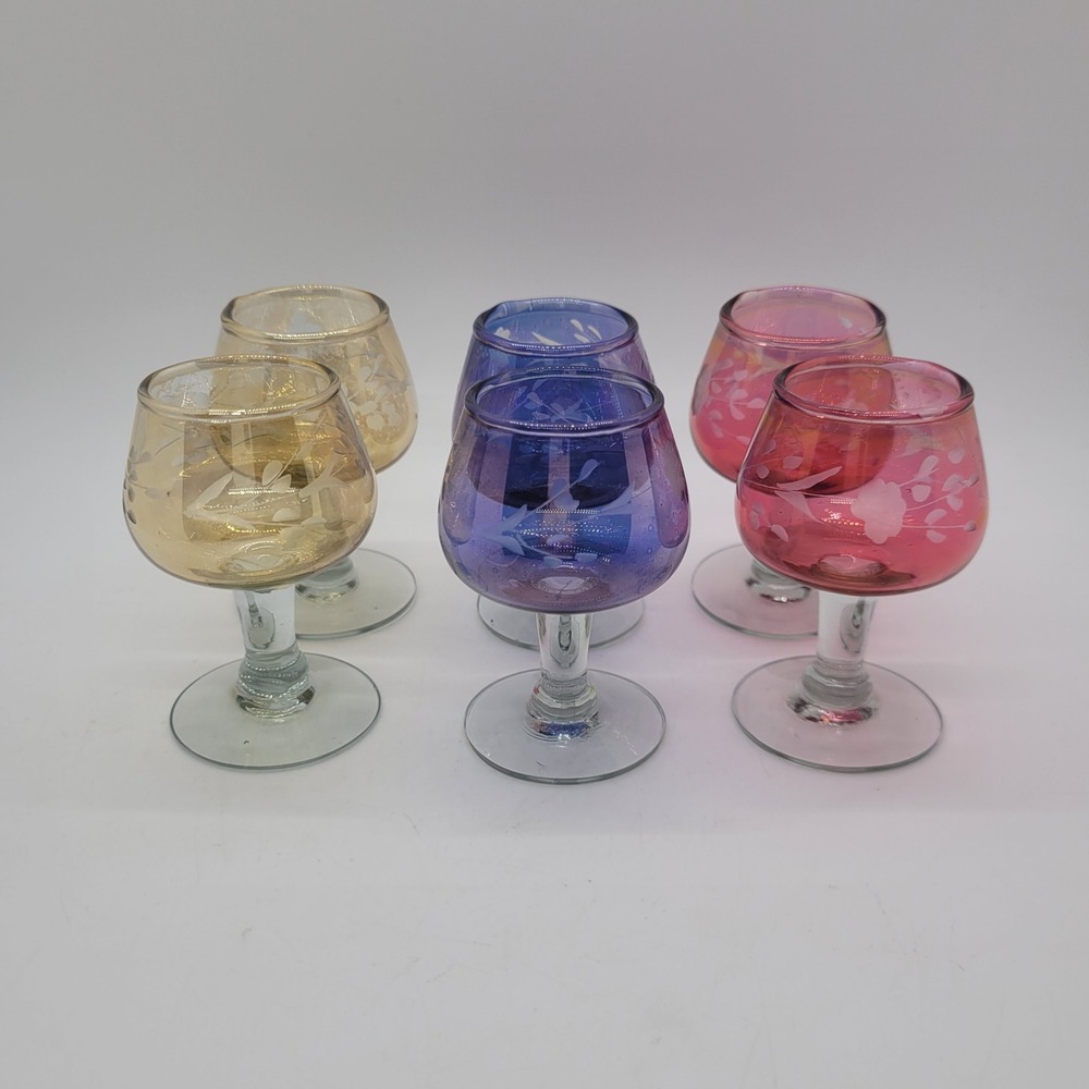 Vintage Etched Floral Cordial Glasses Set of 6 Iridescent Amber Blue Pink 3in